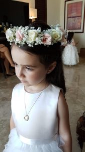 Romantic flower girl hairstyle with floral crown by Doranna Wedding Hairstylist & Bridal Makeup Artist in Mexico
