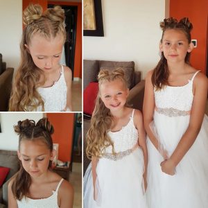 Braids updo for flower girls by Doranna Wedding Hairstylist & Bridal Makeup Artist in Playa del Carmen, Mexico